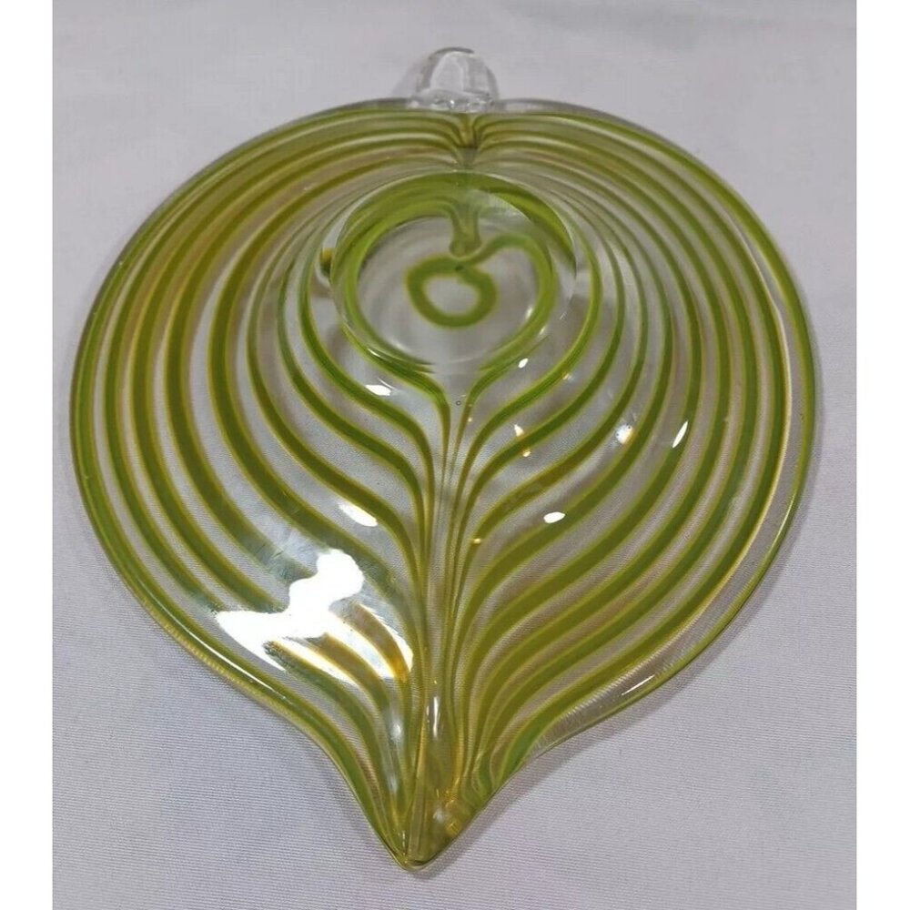 Mid Century Murano Centerpiece Bowl Tyra Lundgren Leaf Stripes Green Yellow - Picture 14 of 16